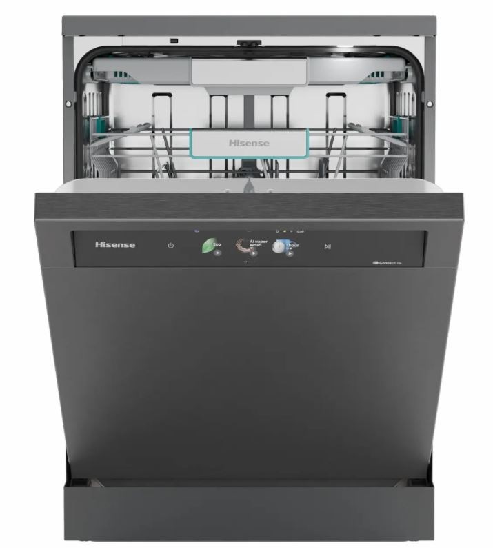 Umývačka riadu Hisense HS693A90ADBX čierna/nerez umývačka Hisense HS693A90ADBX v sivej farbe a s pootvorenými dvierkami