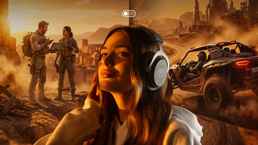 Headset ENDORFY VIRO Infra Wireless Alt Grey sivý Užívateľka s headsetom ENDORFY VIRO Infra Wireless Alt Grey na pozadí rozdelenej hernej scény, ktorá naznačuje prepínanie medzi dvoma zvukovými režimami alebo zdrojmi
