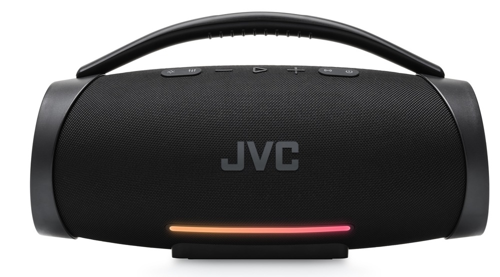 Prenosný Bluetooth reproduktor JVC XS-E834B s madlom a farebným LED podsvietením – čelný pohľad