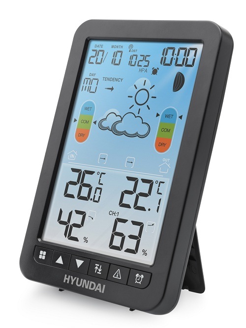 Čierna meteostanica Hyundai WS 2420 zobrazujúca informácie o počasí