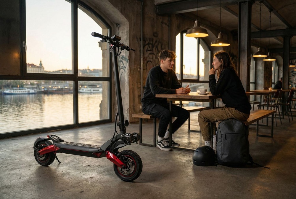 Elektrická kolobežka Sencor Scooter X50 OFF-ROAD v kaviarni