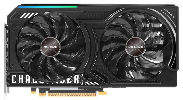 Grafická karta ASRock Intel Arc B580 Challenger 12G OC čierny Na snímke je grafická karta z čelného pohľadu. Sú vidieť dva ventilátory a celkové spracovanie karty.
