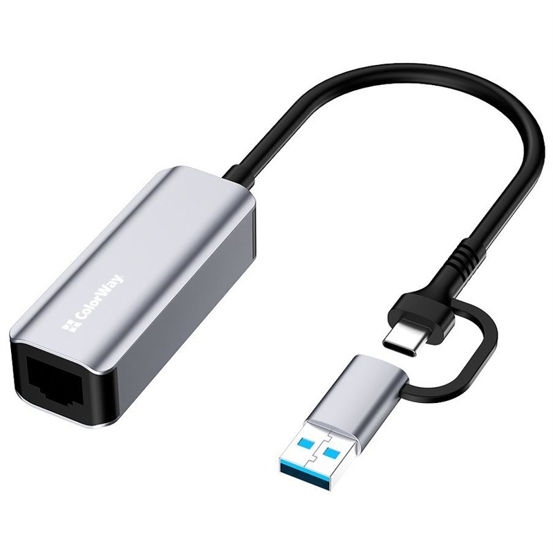 Sieťová karta ColorWay USB-C alebo USB-A na RJ45, 18 cm sivá