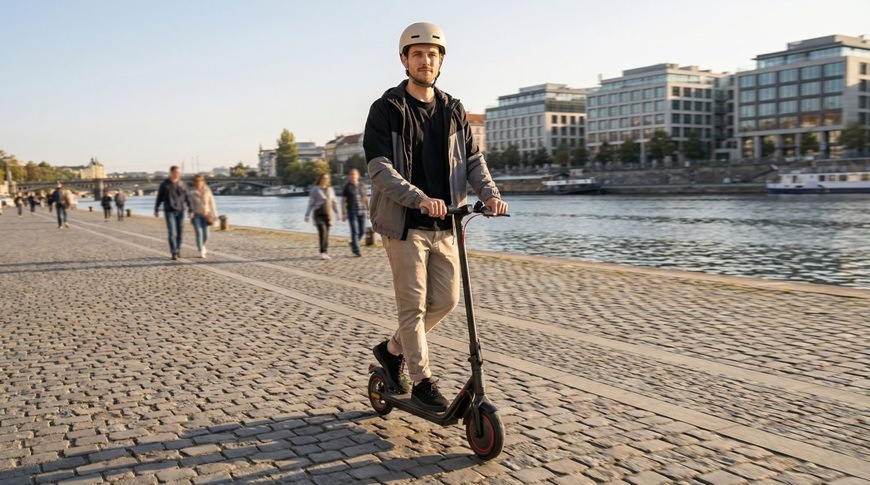 Elektrická kolobežka Sencor SCOOTER S31 čierna Muž ide na elektrickej kolobežke Sencor SCOOTER S31 po dláždenej náplavke pozdĺž rieky, zatiaľ čo okolo prechádzajú ľudia av pozadí sú moderné budovy. Má nasadenú helmu a pôsobí uvoľnene pri jazde mestským prostredím.