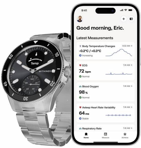 Hodinky Withings ScanWatch Nova vedľa mobilnej aplikácie ukazujúce meranie tepu, teploty a kyslíka