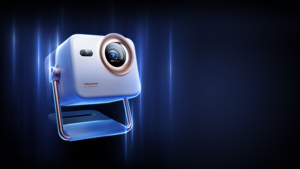 Laser TV Hisense M2SE PRO na tmavom pozadí so svetelnými prúžkami znázorňujúci jas