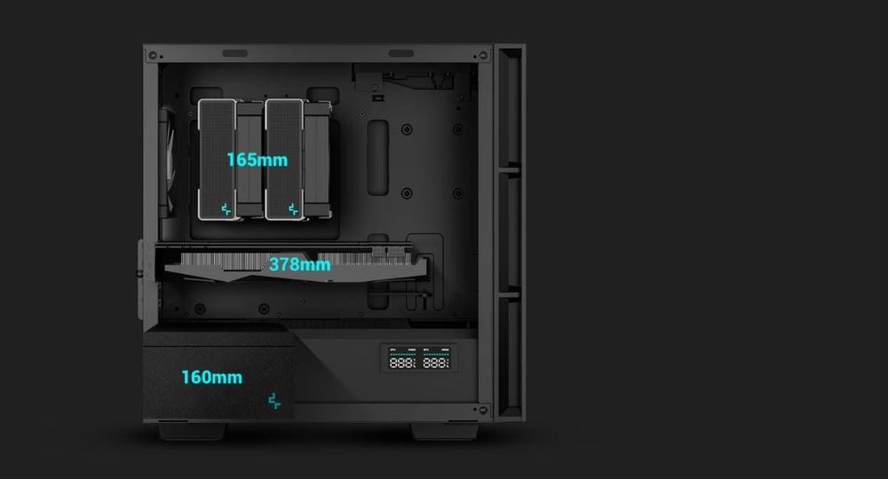 Case DeepCool CH360 Digital čierna Otvorená čierna skriňa počítača s prehľadom vnútorného usporiadania. Zvýraznené kľúčové rozmery: 165 mm voľný priestor pre chladič CPU, 378 mm dĺžka GPU, 160 mm priestor pre napájací zdroj.