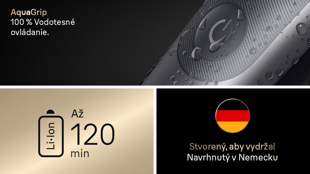 Zastrihávač multifunkčný Braun Series 9 AIO9500 sivý Vďaka vodotesnému prevedeniu a s výdržou až 120 minút sa vám bude s prístrojom Braun Series 9 AIO9500 komfortne a bezdrôtovo manipulovať.