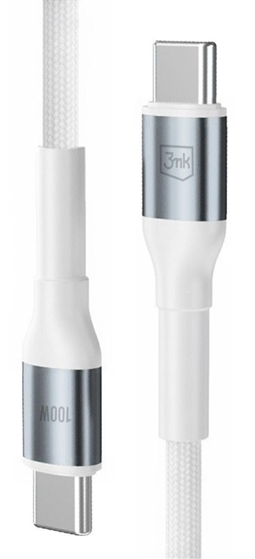 Nabíjací kábel 3mk s konektormi USB-C a USB-C, biela farba