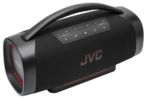 Čierny prenosný Bluetooth reproduktor JVC JVC XS-E934B s robustným madlom pre ľahké prenášanie, horným ovládacím panelom s tlačidlami a červeno podsvietenými bočnými basovými membránami