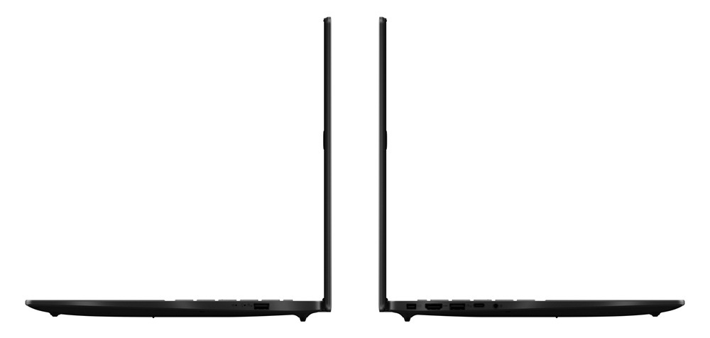 Pohľad z oboch profilov na otvorené notebooky Asus V16