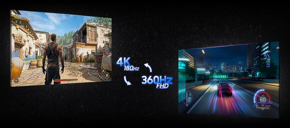 Herný monitor Samsung Odyssey G7 (G70F) čierny Dve herné scény ilustrujúce duálny režim zobrazenia. Text uprostred znie „4K 180Hz“ a „360Hz FHD“, čo naznačuje funkcie rozlíšenia a obnovovacej frekvencie.