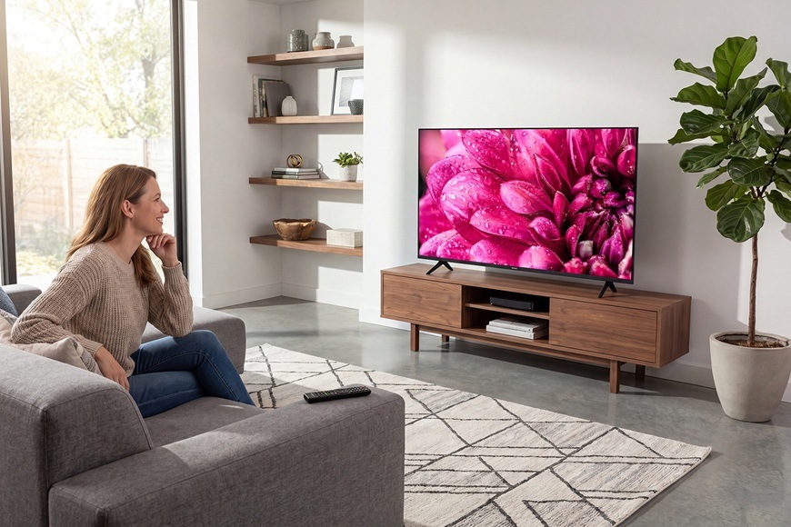 Televízor Sencor SLE 40F21 Televízia Sencor SLE 40F21 v modernej obývacej izbe s obrazom v rozlíšení Full HD.