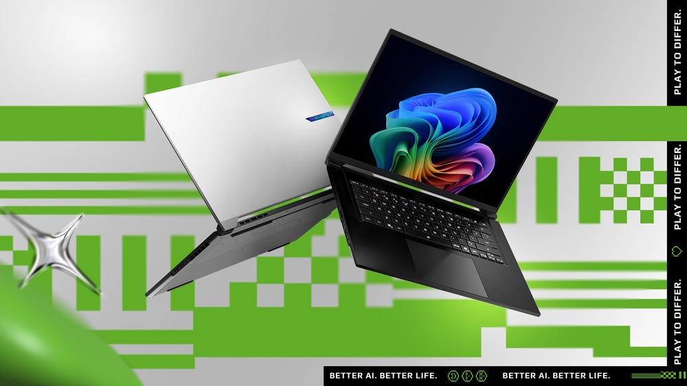 Notebook GIGABYTE AERO X16 1WH93CZC64AH čierny/sivý Dva elegantné notebooky stoja proti sebe na zelenom a šedom geometrickom pozadí, jeden zatvorený s kovovým povrchom, druhý otvorený s jasným displejom. Text "Rozdielový hráč" a "Lepšie AI. Lepší život." lemuje obrázok. V rohu je kovový hviezdicový motív.