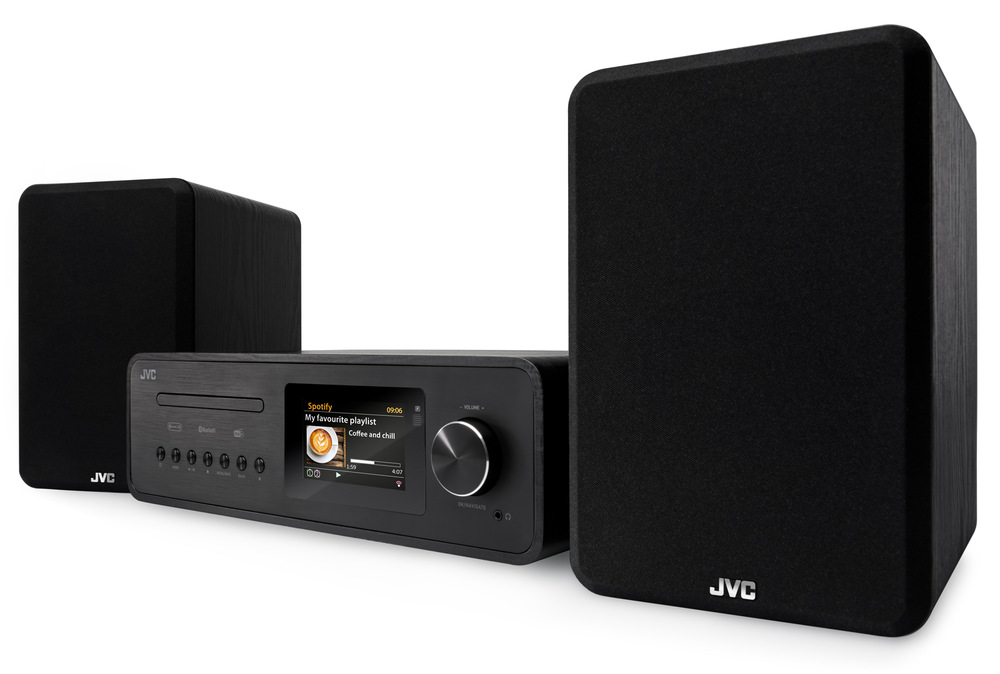 Čierny mikrosystém JVC MX-E455 s CD prehrávačom, funkciou Spotify Connect, farebným LCD displejom a dvoma drevenými reproduktormi
