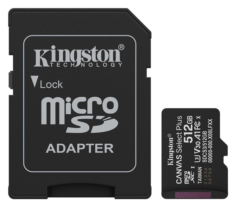 Pamäťová karta Kingston Canvas Select Plus MicroSDXC 512GB UHS-I U3 (R150/W30) + adaptér čierna
