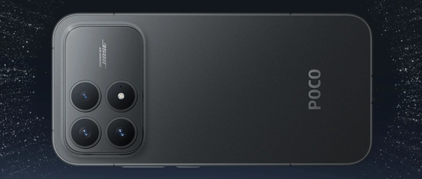 Mobilný telefón Poco F8 Pro 5G 12 GB / 512 GB modrý Detail obrázku telefónu zo zadnej strany.