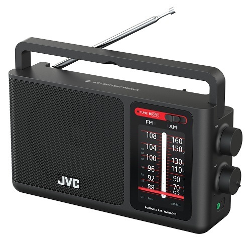 Pohľad z boku na čierne rádio JVC RA-E435B v čiernej farbe, zobrazujúce ovládacie kolieska na ladenie a hlasitosť na bočnej strane prístroja