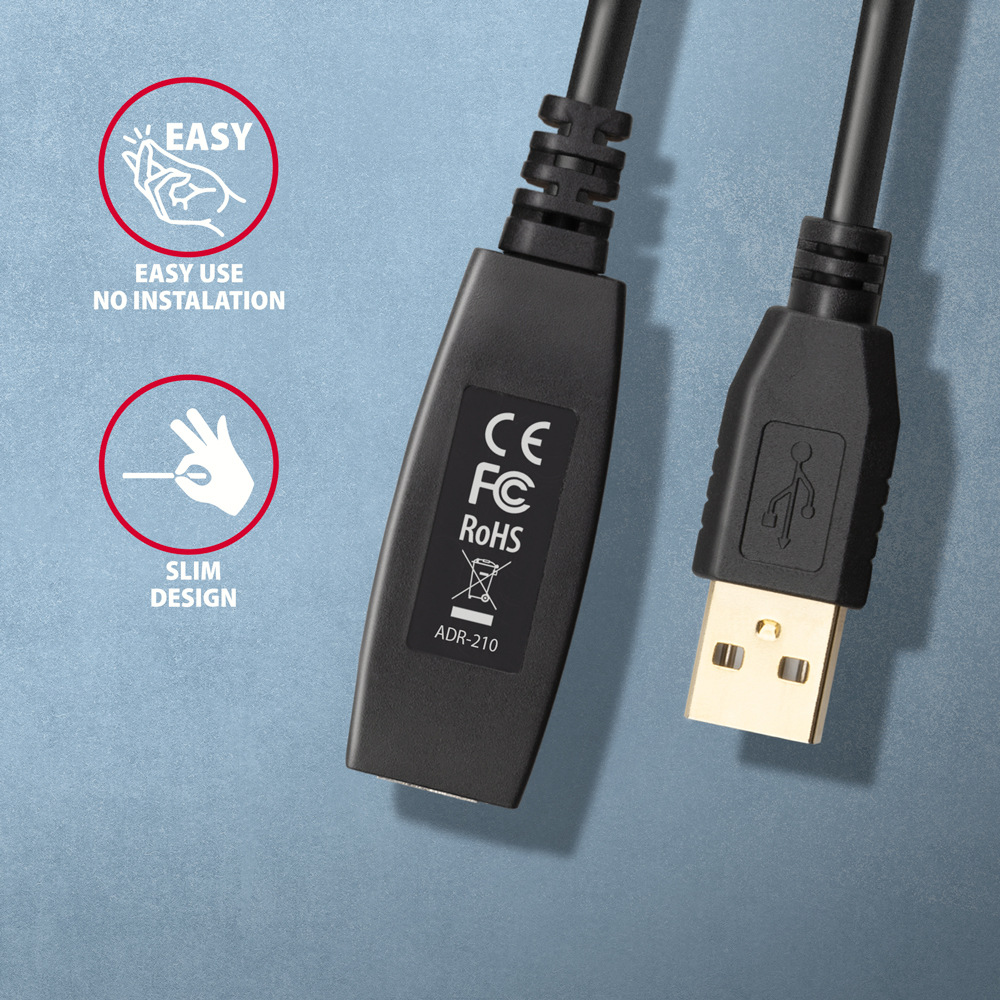 Kábel Axagon USB 2.0 A-M -> A-F aktívny predlžovací kábel, 10m čierna