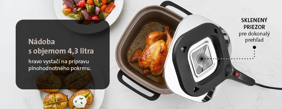 Pohľad zhora na šedú Pečenku ETA Ceramic Nature s pootvoreným vekom a upečeným celým kuraťom vo vnútri