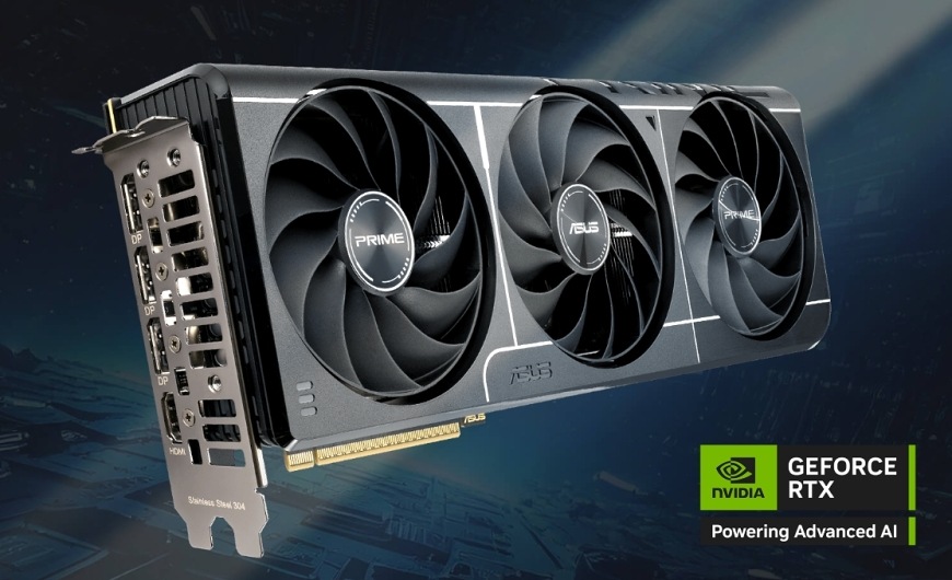 Grafická karta Asus GeForce RTX 5060 Ti PRIME OC 8G Asus Prime GeForce RTX 5060 Ti OC 8G prezentovaná v hernom prostredí s logom NVIDIA GeForce RTX Powering Advanced AI