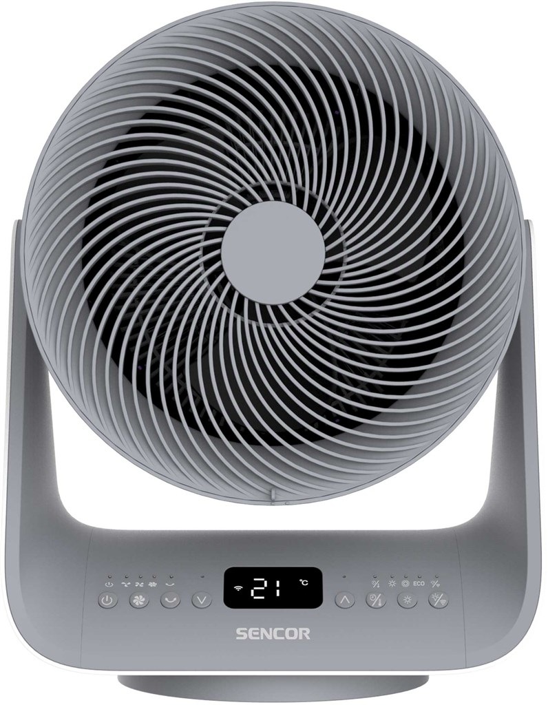Teplovzdušný ventilátor Sencor SFH 9200GY sivý Teplovzdušný cirkulátor Sencor SFH 9200GY s displejom zobrazujúcim 21 °C, čelný pohľad.