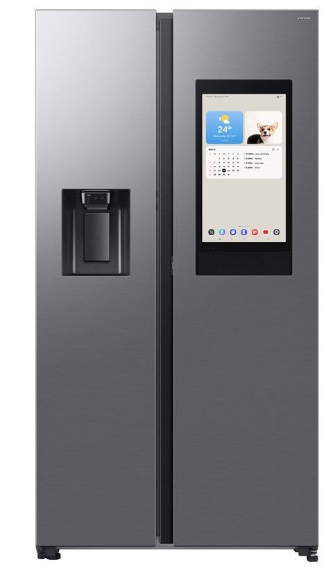 chladnička Samsung RS90F66BETEO so zapnutým displejom familyhub