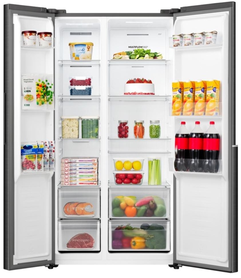 Americká chladnička Gorenje G400 NRS917E41BX čierna Chladnička americká Gorenje NRS917E41BX pohľad dovnútra s potravinami