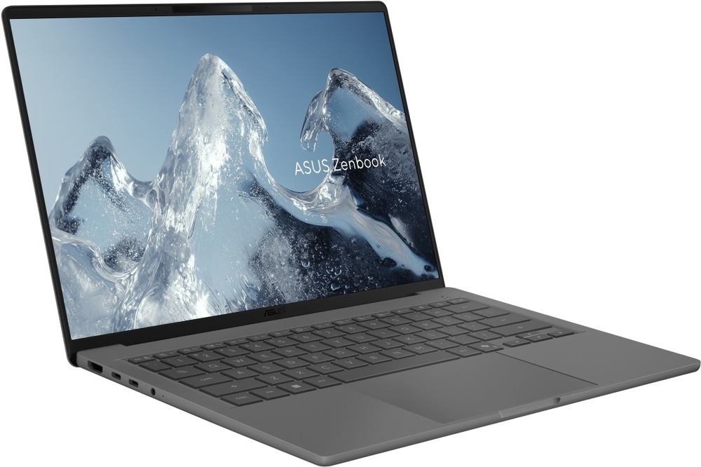 Notebook Asus Zenbook A14 sivý Notebook ASUS Zenbook A14 šikmo zo strany s viditeľnými konektormi