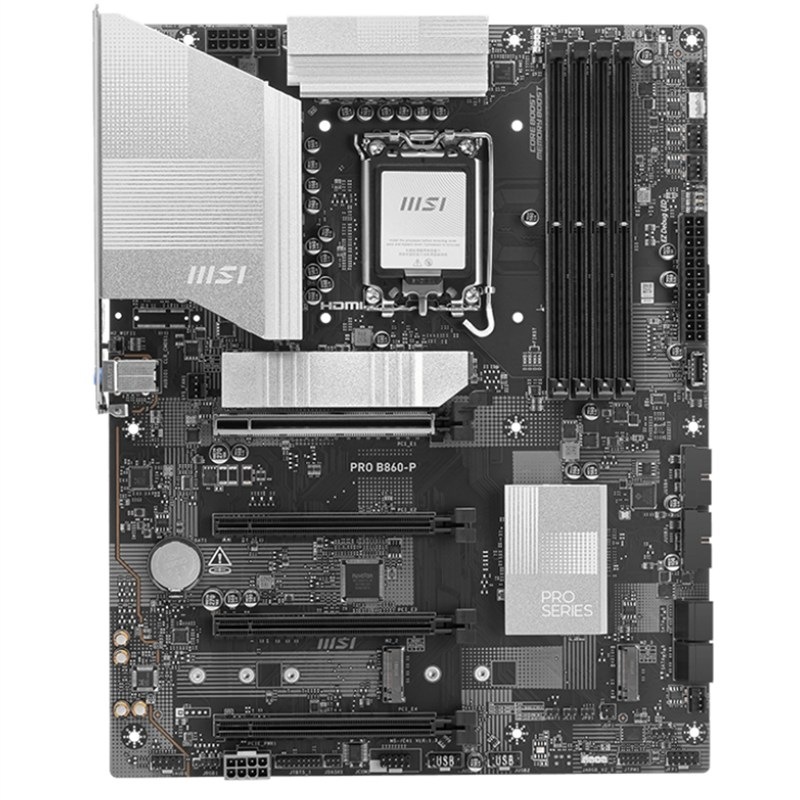 Základná doska MSI PRO B860-P Základná doska MSI PRO B860-P Intel 1851 v čiernej a striebornej farbe.