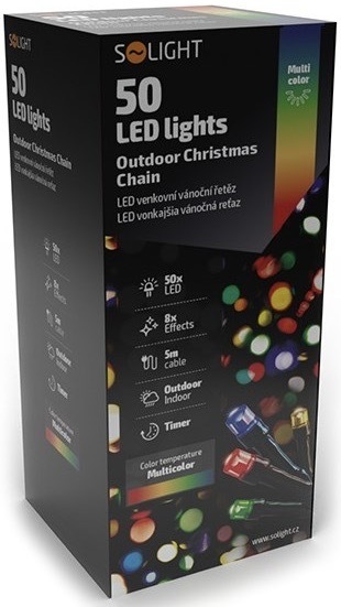 Vianočné osvetlenie Solight reťaz, 50 LED, 5+3m, 8 funkcií, časovač, IP44, viacfarebný