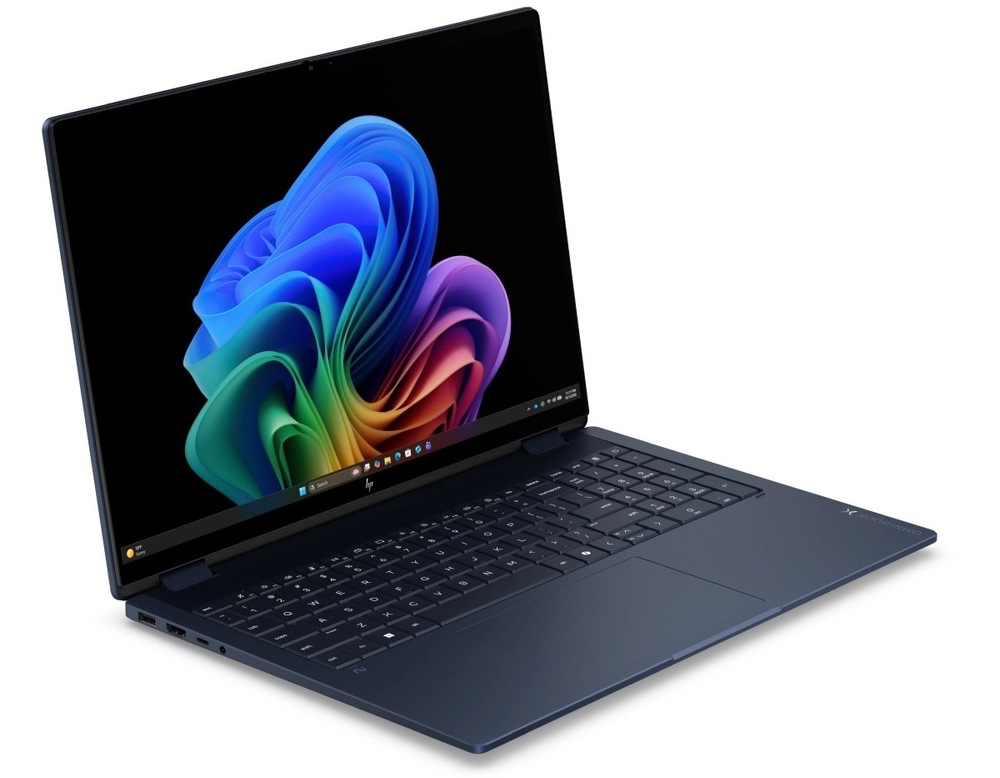 Notebook HP OmniBook X Flip AI 16-cc0000ncx + Game Pass predplatné na 2 mesiace modrý Otvorený a zapnutý notebook HP OmniBook X Flip AI otočený doprava