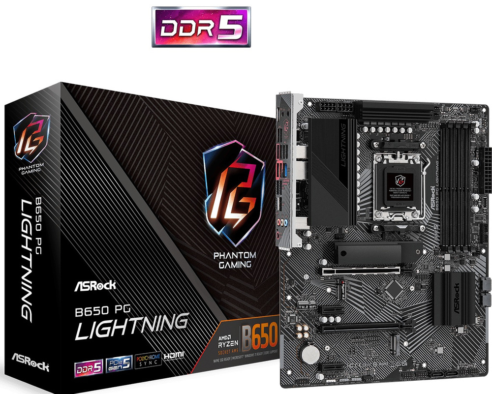 Základná doska ASRock B650 PG Lightning Celkový pohľad na balenie dosky. Na ľavej strane krabice s popisom parametrov, vpravo doska.
