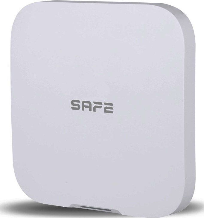 Na obrázku je Hub Safe 2 Plus LTE v bielom prevedení. Zariadenie má jednoduchý štvorcový tvar so zaoblenými rohmi a hladký predný panel s logom SAFE uprostred. Telo je nízke a nenápadné, vhodné na umiestnenie na stenu alebo do interiéru. V spodnej časti je vidieť malý výrez konštrukcie.