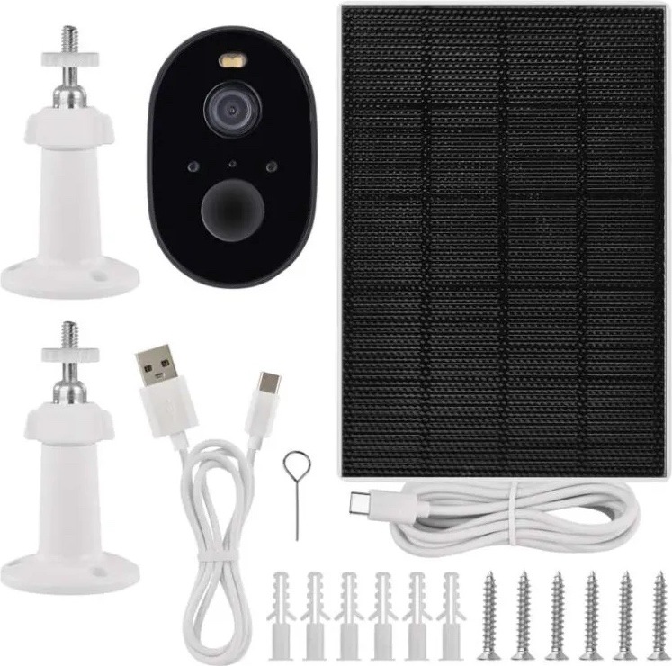 IP kamera EMOS GOSMART venkovní, Wi-Fi IP-1150 SNAP 5MPX biela Obsah balenia kamery EMOS GoSmart. Vidieť ich kamera, solárny panel s káblom, dva držiaky, nabíjací USB kábel, resetovacia ihla, hmoždinky a skrutky pre montáž.