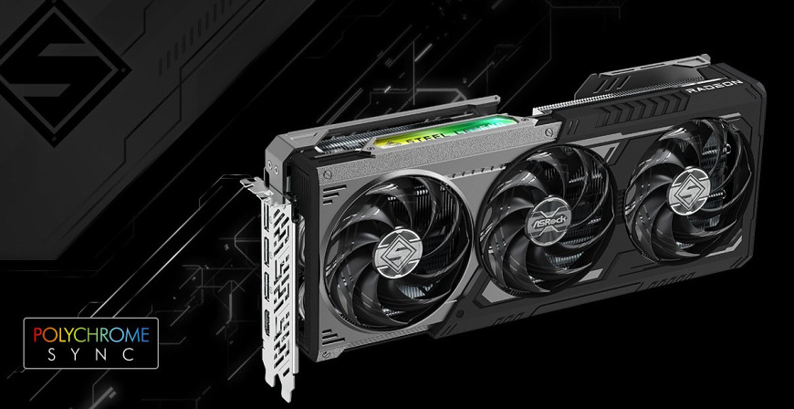 Bočný pohľad na ASRock Radeon RX 9070 XT Steel Legend Dark s podsvietením STEEL LEGEND