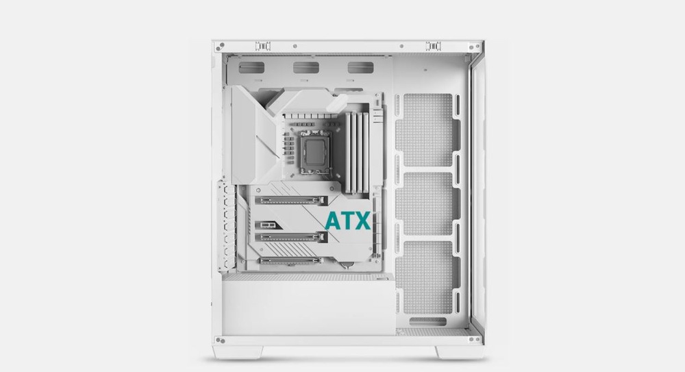 Case DeepCool CG580 biela Záber na PC skriňa s minimalistickým dizajnom, zobrazujúci podporu základných dosiek vo formáte ATX. Vnútorný priestor je vzdušný s oddielmi pre komponenty, čo navodzuje dojem čistej estetiky.