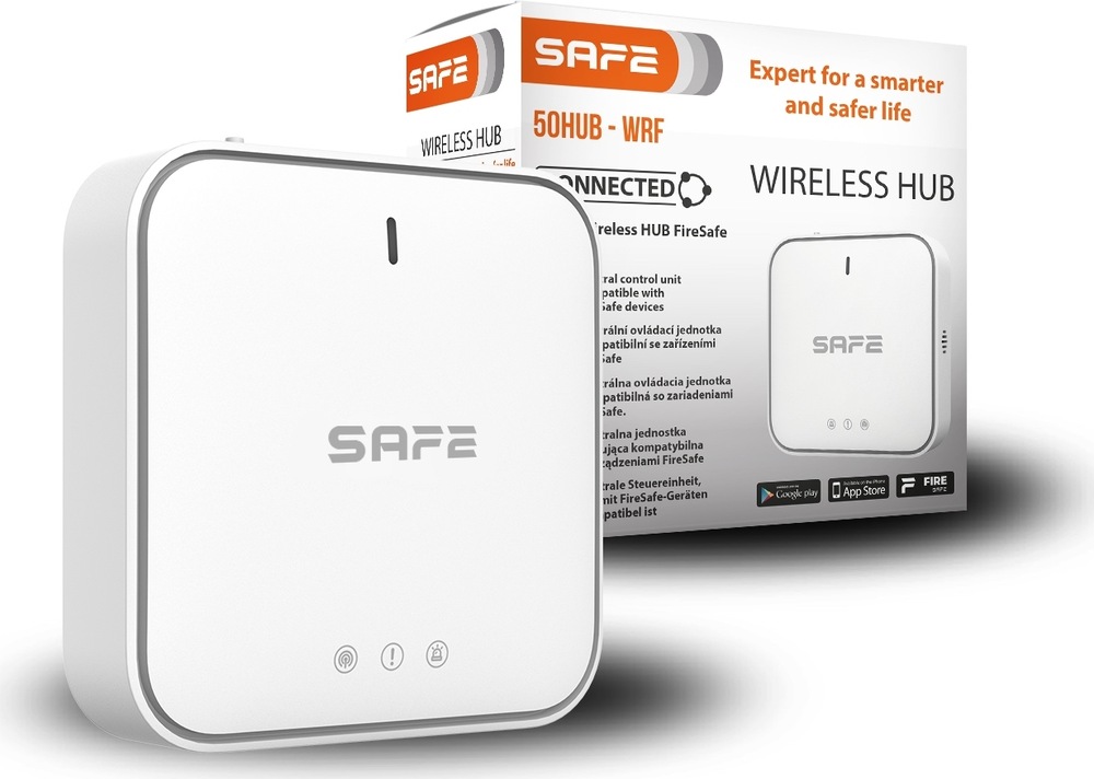 Kompletný set Safe FIRE BASIC PLUS biela Na obrázku je biela bezdrôtová centrálna jednotka SAFE a za ňou jej predajná krabica. Samotné zariadenie má štvorcový tvar so zaoblenými rohmi, čistý minimalistický vzhľad a na prednej strane logo SAFE. Hore je malý zvislý indikátor a dole tri drobné ikonky alebo kontrolky. Škatuľa v pozadí je biela s oranžovými a čiernymi nápismi. Je na nej výrazne napísané Wireless Hub a označenie modelu 50HUB-WRF, tiež zmienka o prepojení systému Connected. Fotografia pôsobí ako produktová prezentácia centrálnej jednotky pre šikovný bezpečnostný alebo požiarny systém SAFE.