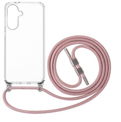 Kryt na mobil FIXED Pure Neck s ružovou šnúrkou na krk na Samsung Galaxy A36 5G priehľadný