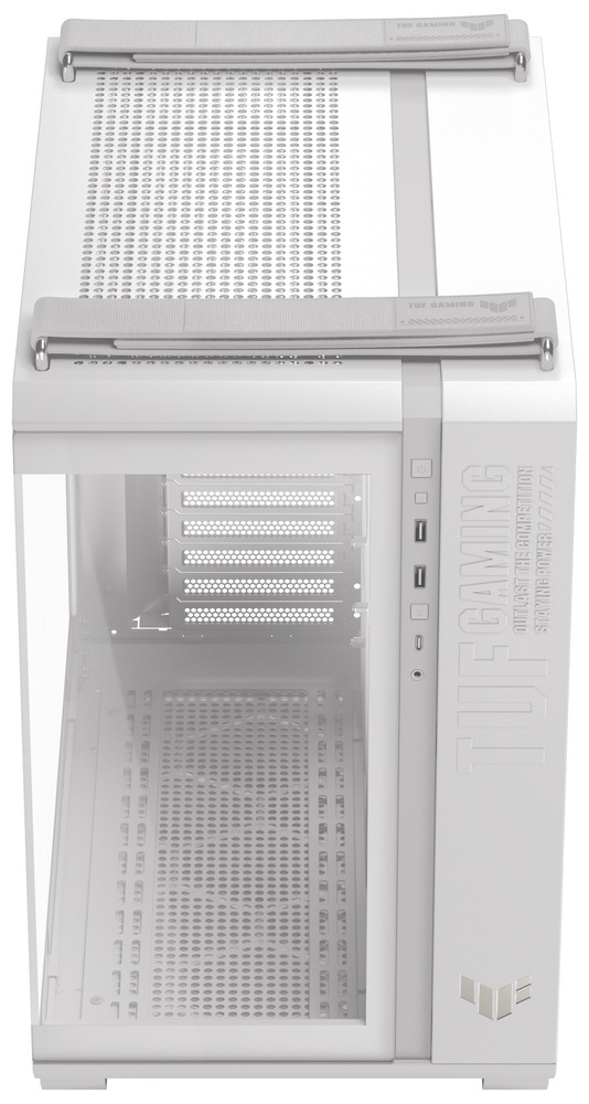 Case Asus TUF GAMING GT502 HORIZON biela Foto skrine spredu šikmo zhora, takže je vidieť predné sklenené čelo aj časť horného perforovaného veka, hore potom robustné madlá a hranaté línie šasi. Na zvislej čelnej lište je zároveň sústredený predný panel s portami: nájdete tu 1× USB-C 3.2 Gen 2×2 (až 20 Gb/s), 2× USB-A 3.2 Gen1, kombinovaný 3,5 mm jack pre slúchadlá/mikrofón a tlačidlo pre ovládanie LED.