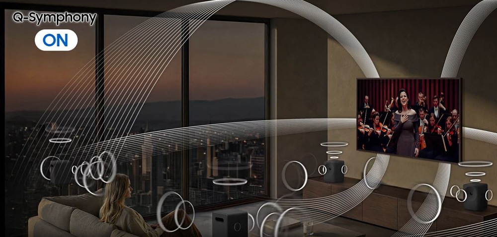 znázornenie zvuku vedúceho z televízie samsung a reproduktora Samsung HW-LS71H Studio 7. Je aktivovaná funkcia Q-Symphony. Televízia a reproduktor sú v obyvacej izbe, na gauči sedí žena.