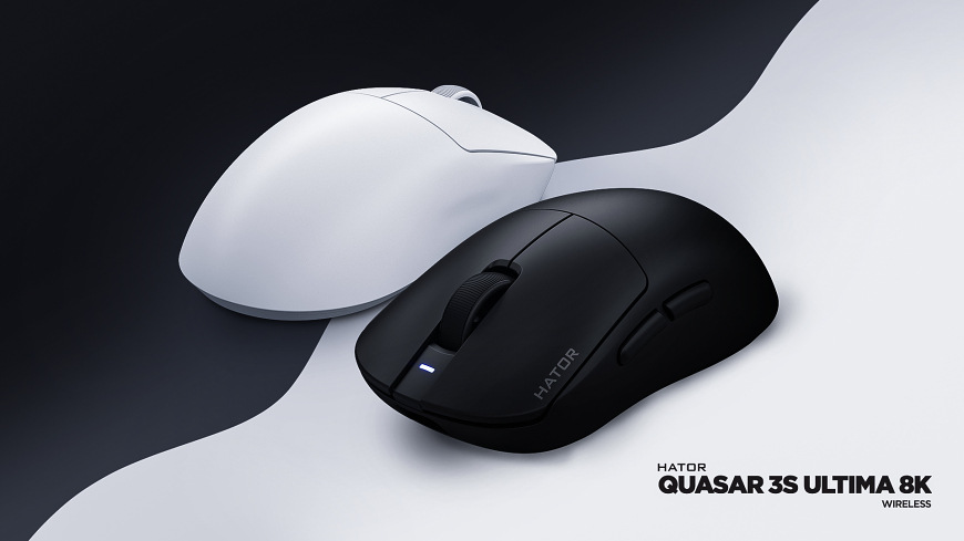 Myš HATOR Quasar 3S ULTIMA 8K čierna Obe farebné varianty HATOR Quasar 3S Ultima 8K Wireless na kontrastnom pozadí