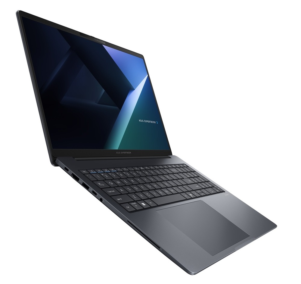 Notebook Asus ExpertBook B5 sivý Otvorený na 16 ° a zapnutý notebook Asus ExpertBook B5 zboku