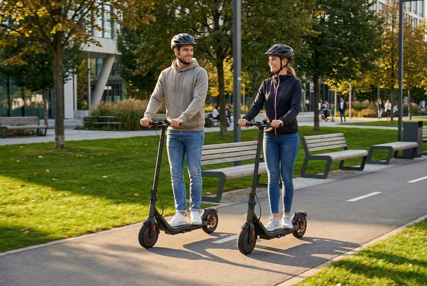 Elektrická kolobežka Sencor SCOOTER S21 čierna Muž a žena idú na elektrických kolobežkách Sencor po upravenej cyklotrase v mestskom parku. Obaja majú nasadené helmy a počas jazdy spolu komunikujú, čo pôsobí prirodzene a uvoľnene. Okolie dopĺňajú lavičky, zeleň a moderné budovy.