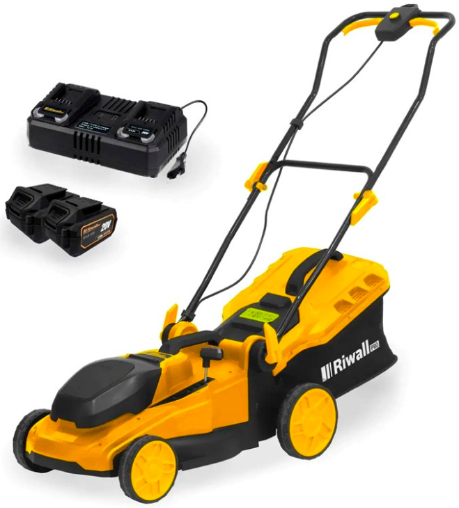 Akumulátorová kosačka Riwall RALM 4020i SET s dvoma 20V akumulátormi 4 Ah a nabíjačkou v balení.
