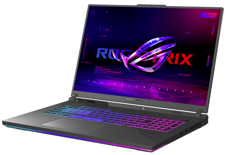 Notebook Asus ROG Strix G18 sivý Asus ROG Strix G18 z bočného uhla s RGB klávesnicou a svetelnou lištou