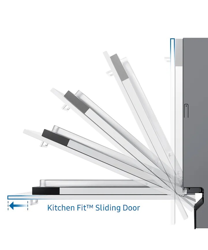 Umývačka riadu Samsung DW60A6082BB/ET Umývačka DW60A6082BB/ET - výsuvný pánt Kitchen Fit - obrázok rôznych polôh otvorených dverí umývačky znázorňujúci vysunutie predného krytu
