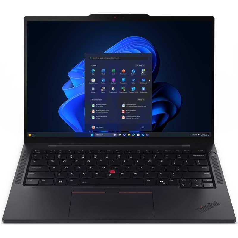 Notebook Lenovo ThinkPad T14s v čiernej farbe s podsvietenou klávesnicou.