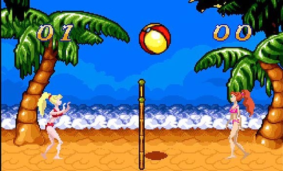 Pixel-artová scéna plážového volejbalu s blonďavou a ryšavou ženou stretávajúcimi sa proti sebe, loptou vo vzduchu, palmami, piesočným kurtom a skóre 01-00.