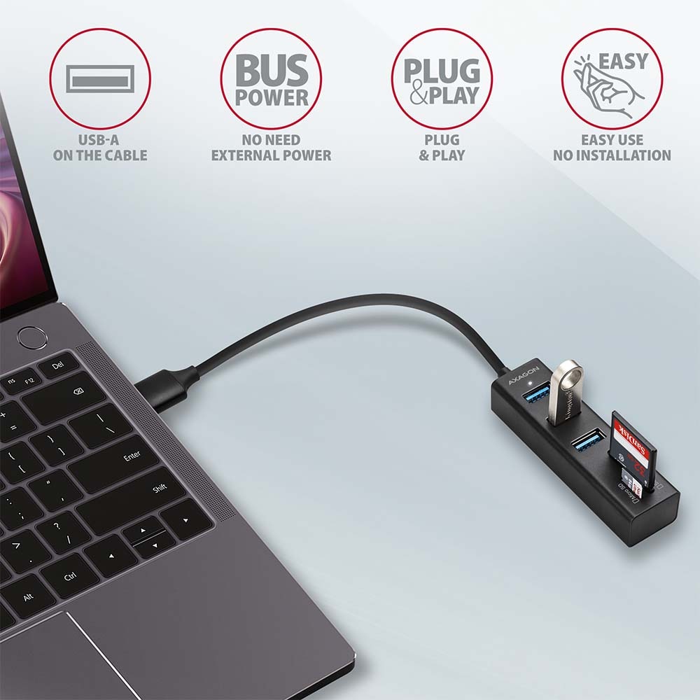 USB Hub Axagon USB 3.2 Gen 1 húb, 3x USB-A + čítačka kariet SD/microSD, kábel USB-A 20cm čierny